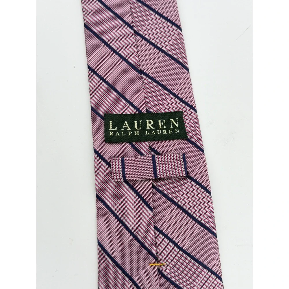 Lauren Ralph Lauren Mens Silk Tie Pink Navy Blue Plaid Striped Hand‎ Made
